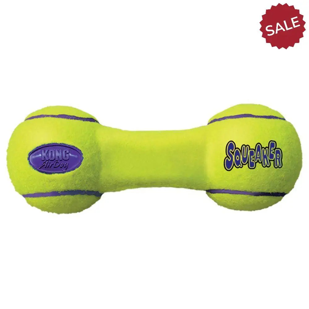 Bright neon yellow kong air squeaker dumbbell dog toy with purple accents and tennis ball fabric surface
