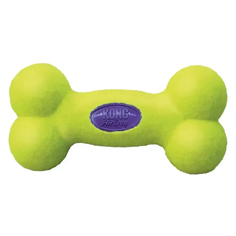 Bright lime green kong airdog squeaker bone dog toy with purple logo for tough chewing and play