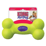 Bright lime green kong airdog squeaker bone toy with textured surface and purple kong airdog logo