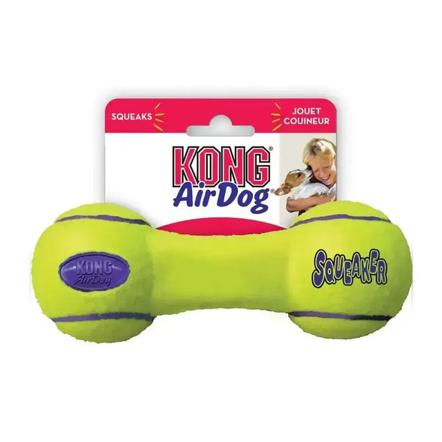 Bright lime green kong airdog squeaker dumbbell dog toy with purple accents for tough chew play