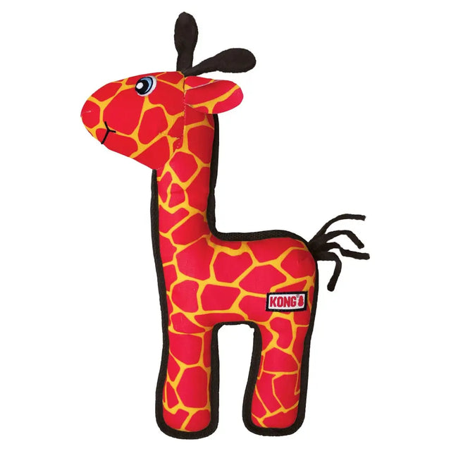 Red and yellow kong ballistic giraffe plush dog toy with black accents featuring kong logo for tough play