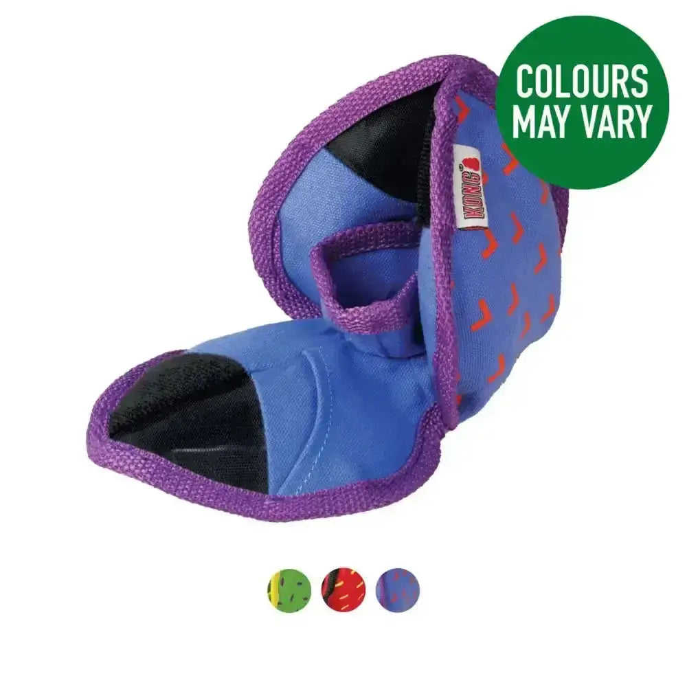 Purple and blue kong ballistic hide n treat ball with red paw print pattern for treat dispensing fun