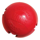 Red kong biscuit ball with embossed logo and cut-out sections for chew sessions with all-natural cotton rope