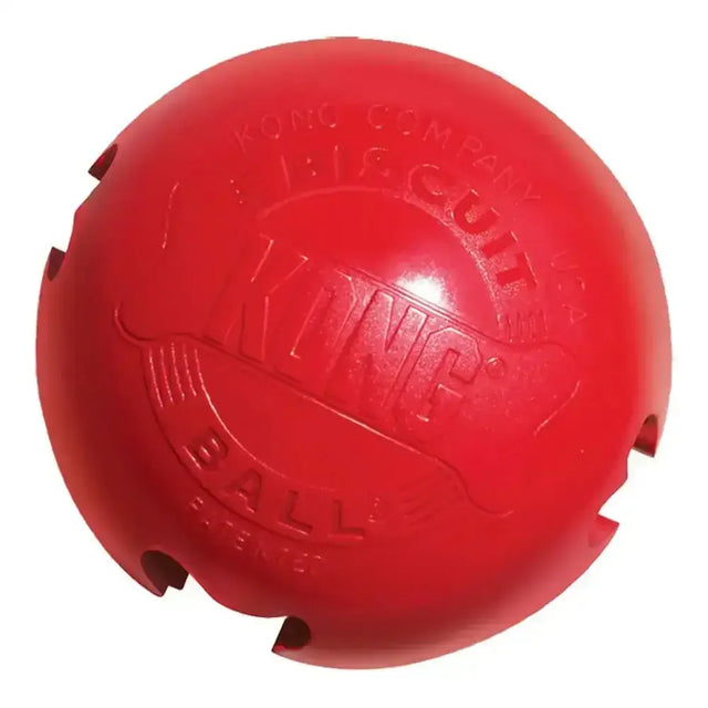 Red kong biscuit ball with embossed logo and cut-out sections for chew sessions with all-natural cotton rope
