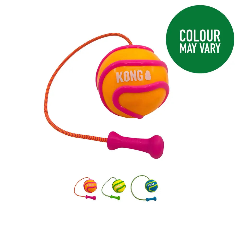 Vibrant orange and pink kong bunji high-viz ball with braided rope handle for durable dog play and fetch fun