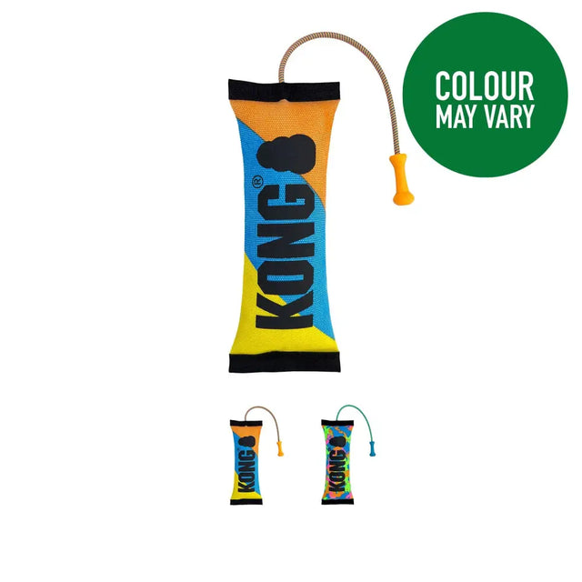 Vibrant orange blue and yellow kong bunji high-viz bumper dog toy with braided rope handle made from firehose material