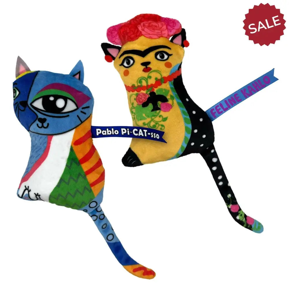 Vibrant plush cat-shaped stuffed toy with colorful patterns and floral headpiece from kong cat artz kahlo collection