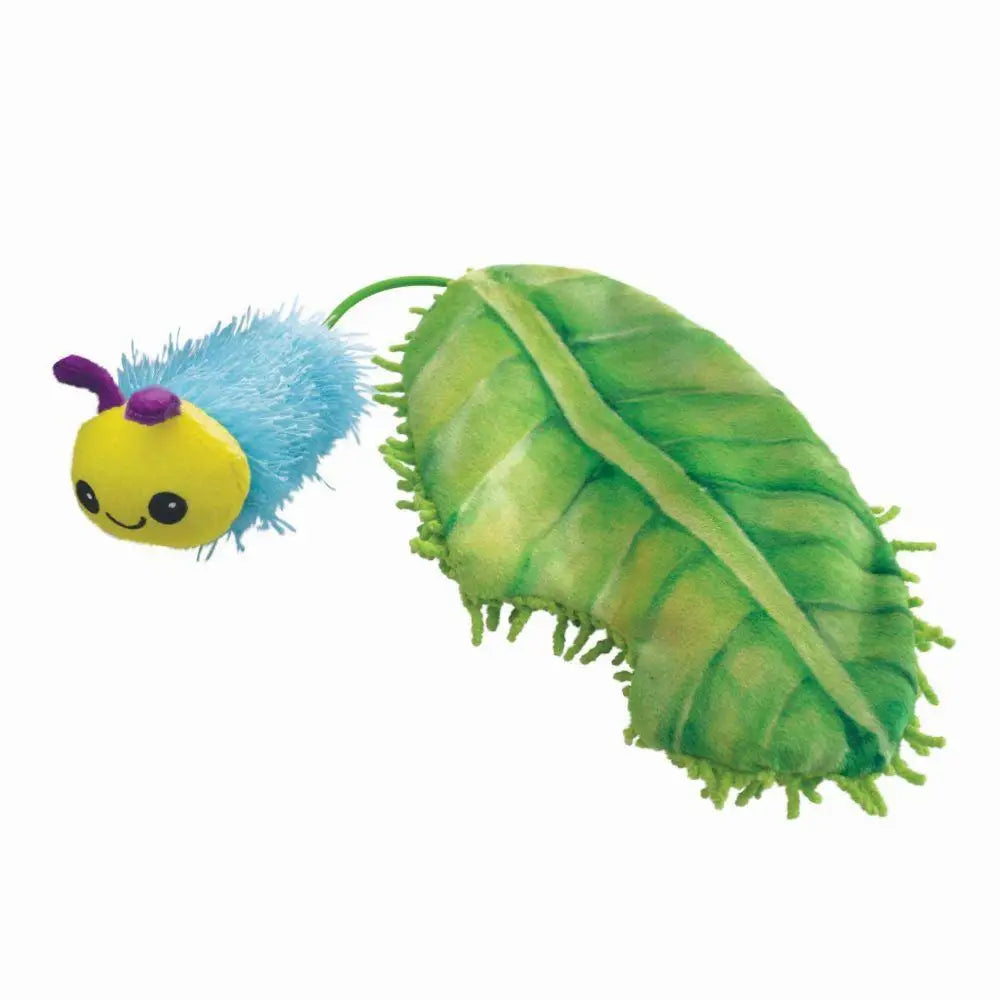 Kong cat flingaroo plush caterpillar toy with yellow head blue fuzzy body purple antennae hiding in green leaf cloth elastic stem