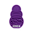 Purple silicone kong cat licks treat pad with textured compartments for oral health and slow treat dispensing