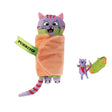 A plush purple and red striped kong cat pull-a-partz purrito with crinkle sounds wrapped in an orange wrap with green ribbon