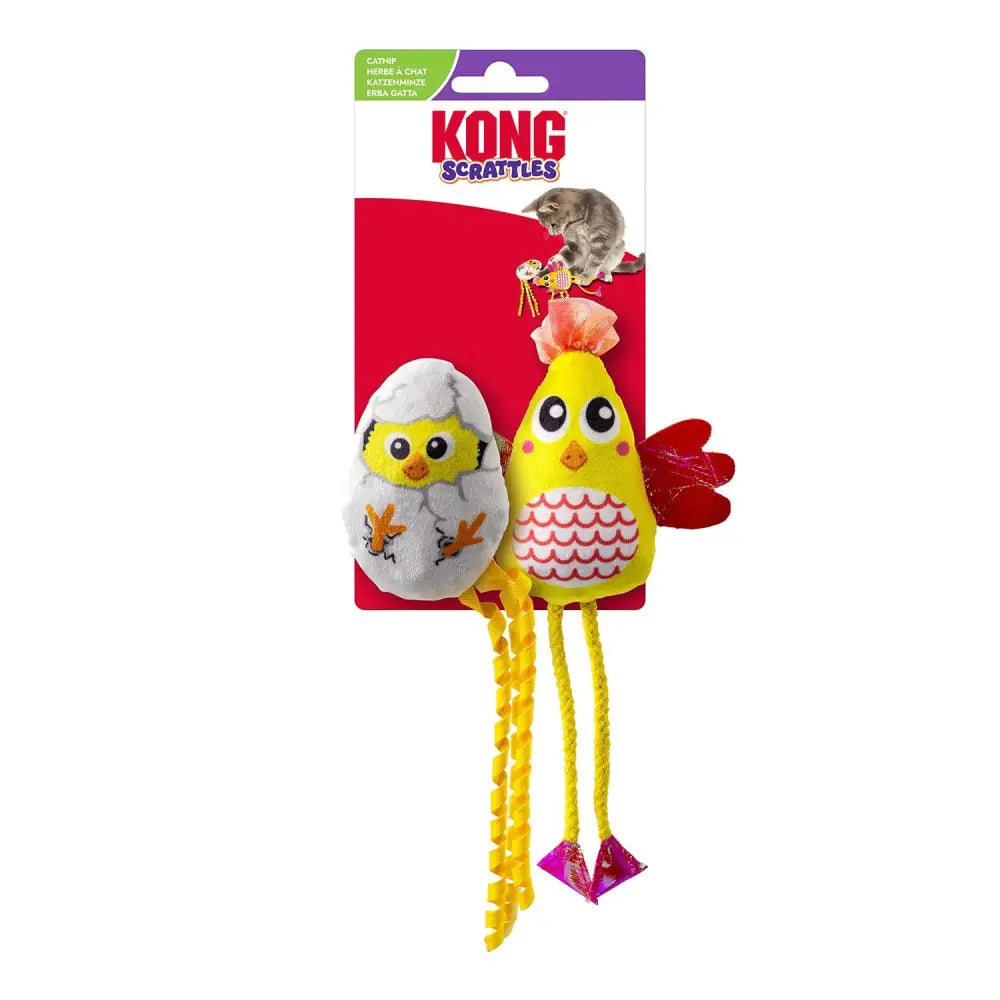 Yellow and white plush kong cat scrattles chicken toy with red wings pink feet and textured tail to boost hunting instincts