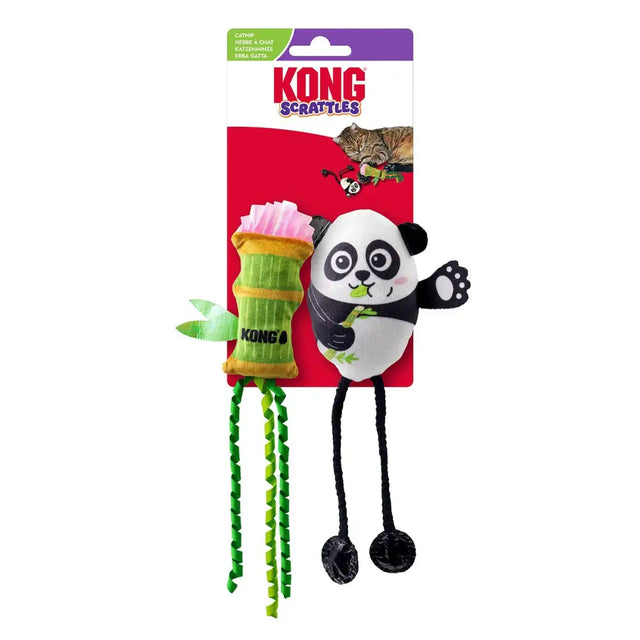 Kong cat scrattles panda toy with plush black and white body and green bamboo catnip stalk with dangling tails