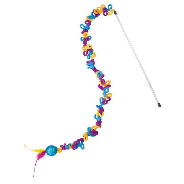 Kong cat teaser loopz with colorful braided yarn rings in purple yellow and blue and extra-long wand with teal ball and feather
