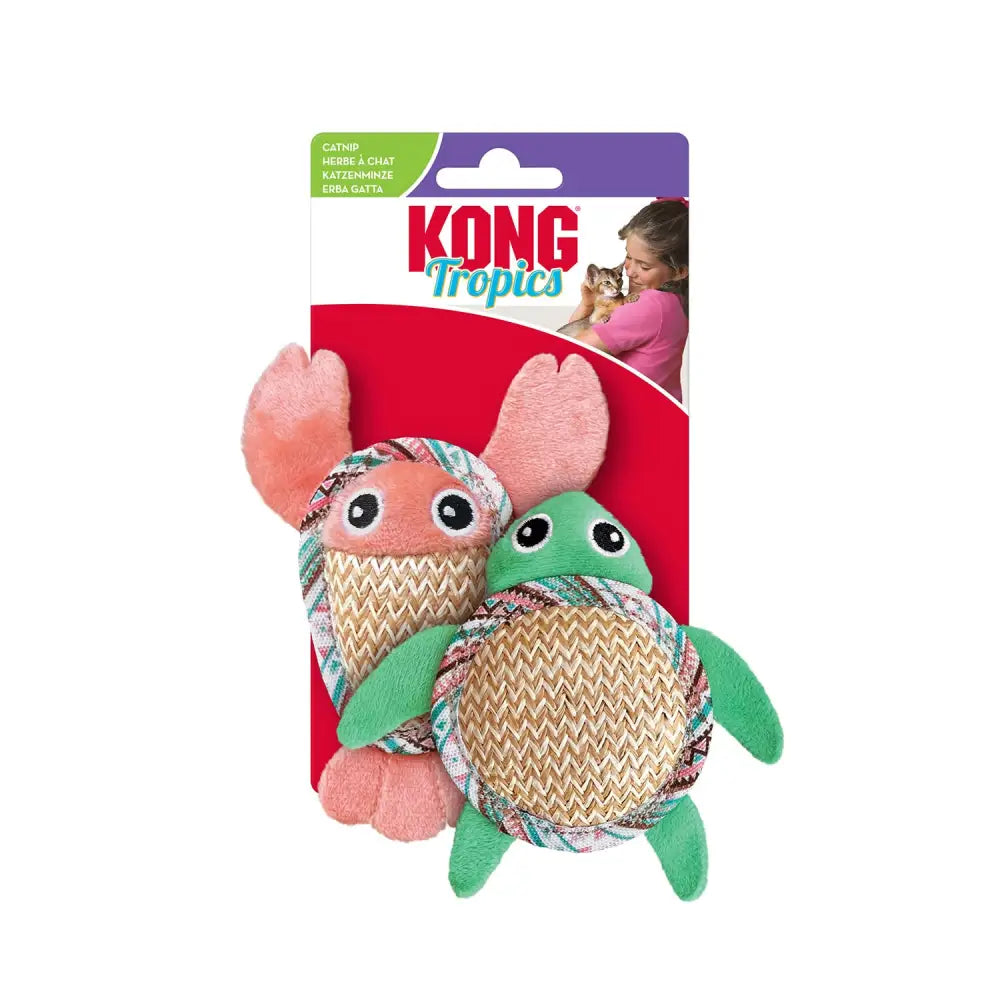 Kong cat tropics pals catnip toy set with pink crab and green turtle featuring woven straw bodies and plush limbs