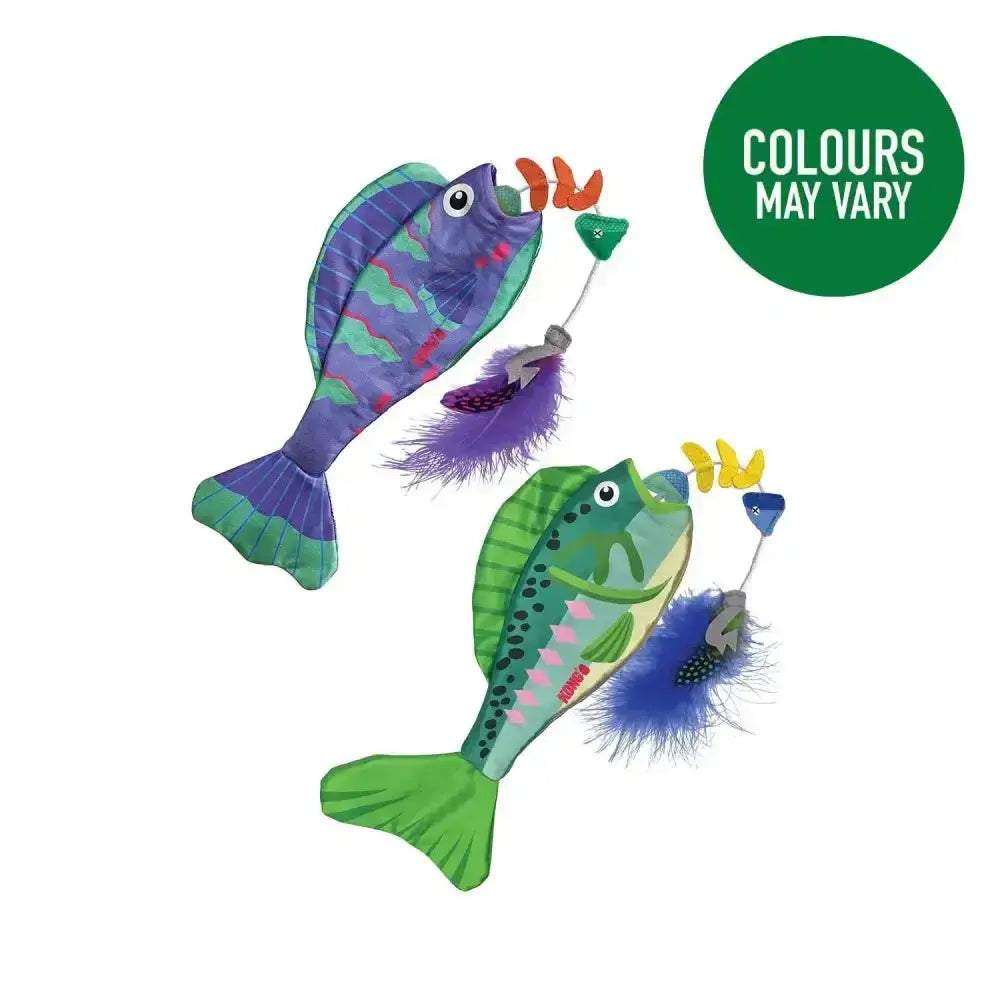 Two colorful plush fish toys in purple green and orange and green pink kong cat wrangler angler fish for cats
