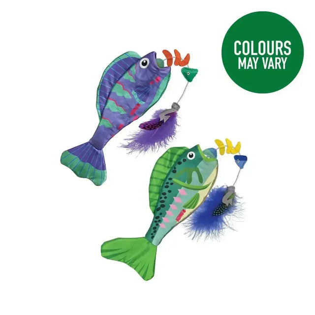 Two colorful plush fish toys in purple green and orange and green pink kong cat wrangler angler fish for cats