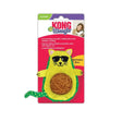 Yellow and green plush kong cat wrangler avo cat toy with tethered yarn ball and removable brown ball inside