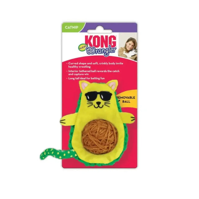 Yellow and green plush kong cat wrangler avo cat toy with tethered yarn ball and removable brown ball inside