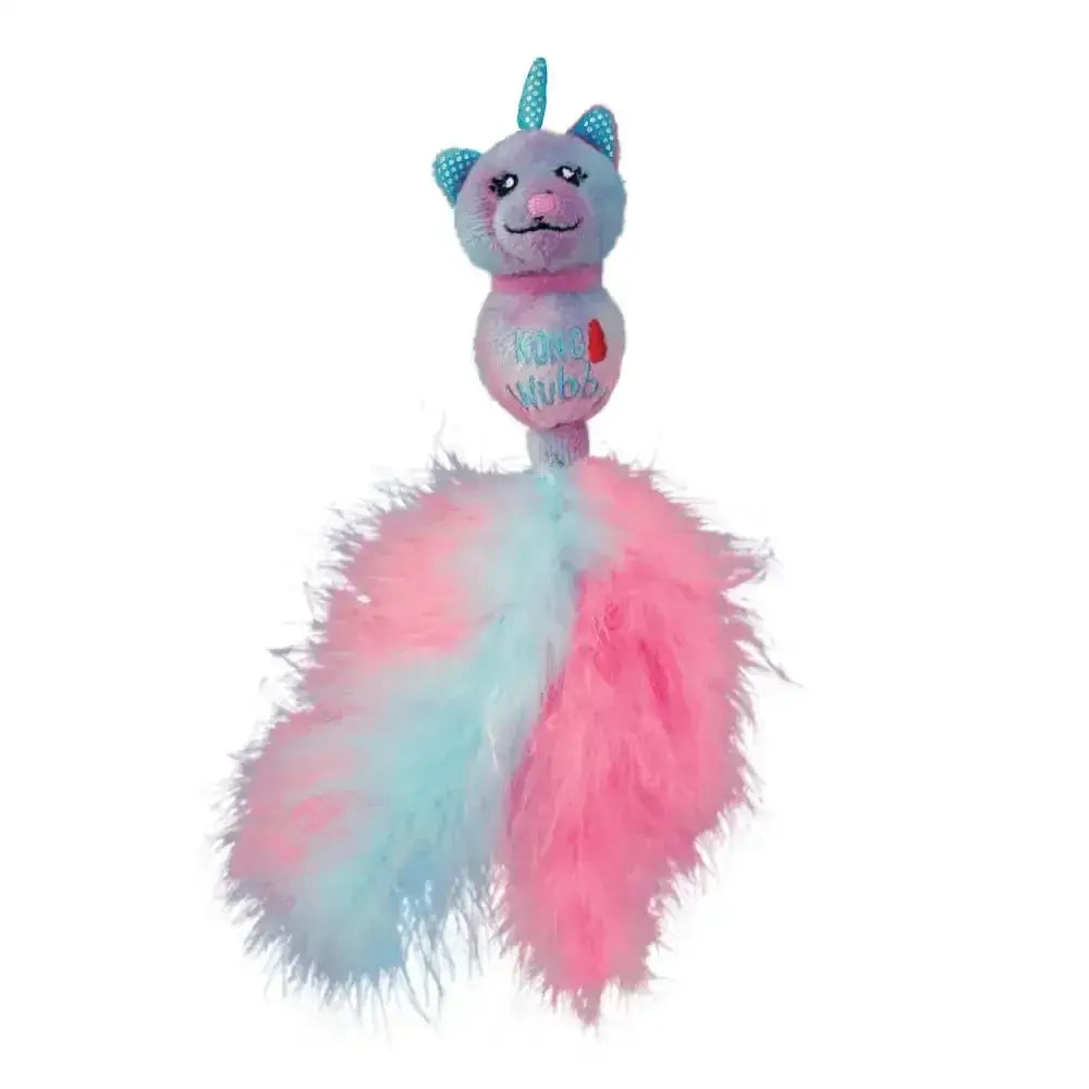 A kong cat wubba caticorn plush toy with a pastel purple face blue glittery ears horn and irresistibly fluttery tail
