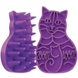 Purple silicone kong cat zoomgroom pet grooming brush shaped like a cat with zoomgroom cat toy massages feature