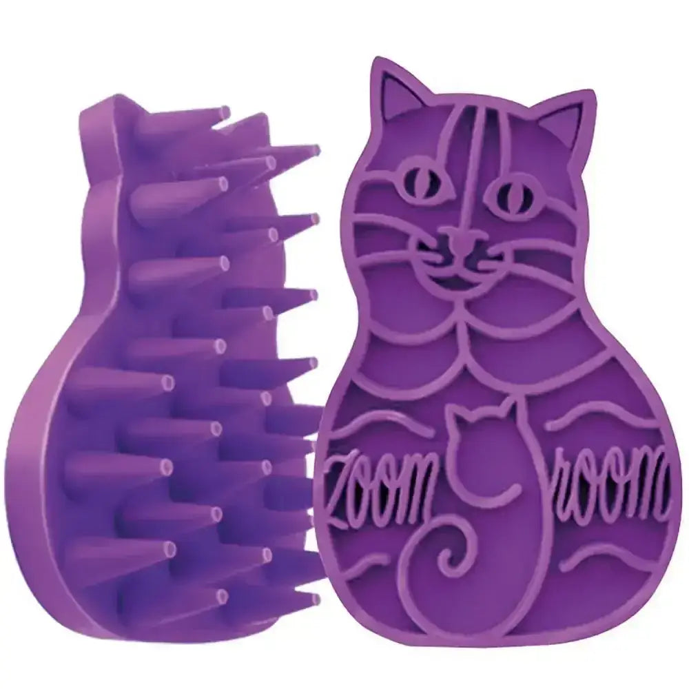 Purple silicone kong cat zoomgroom pet grooming brush shaped like a cat with zoomgroom cat toy massages feature