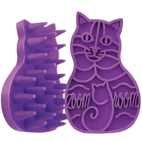 Purple silicone kong cat zoomgroom pet grooming brush shaped like a cat with zoomgroom cat toy massages feature