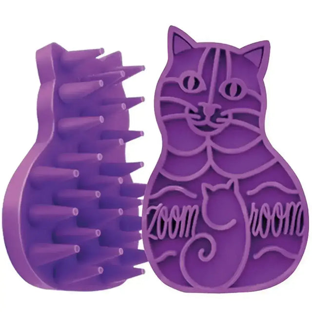 Purple silicone kong cat zoomgroom pet grooming brush shaped like a cat with zoomgroom cat toy massages feature