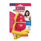 Red kong classic dog toy with attached yellow rope made from durable material, a gold standard for dog toys