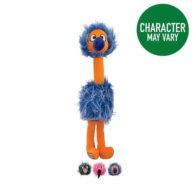 Blue and orange kong comfort jumbo plush ostrich dog toy with fluffy feathers and navy beak in gigantic sized toy design