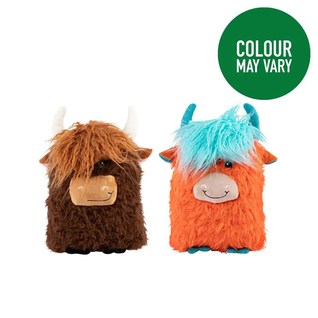 Two plush kong comfort jumbo highland cow toys in brown and orange with white and blue horns and three squeakers