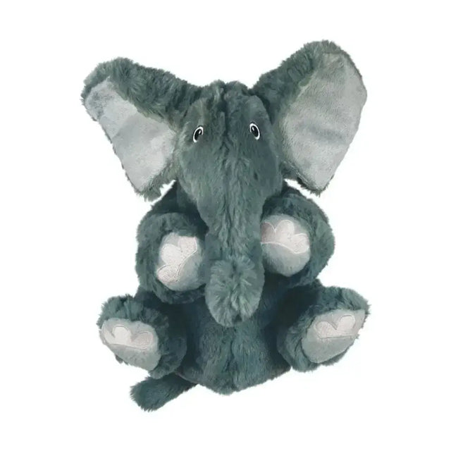 A plush gray kong comfort kiddos elephant dog toy with soft fuzzy fur and light gray ears and feet pads