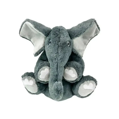 A plush gray kong comfort kiddos jumbo elephant cat toy with soft fuzzy fur and silver heart patches on its feet