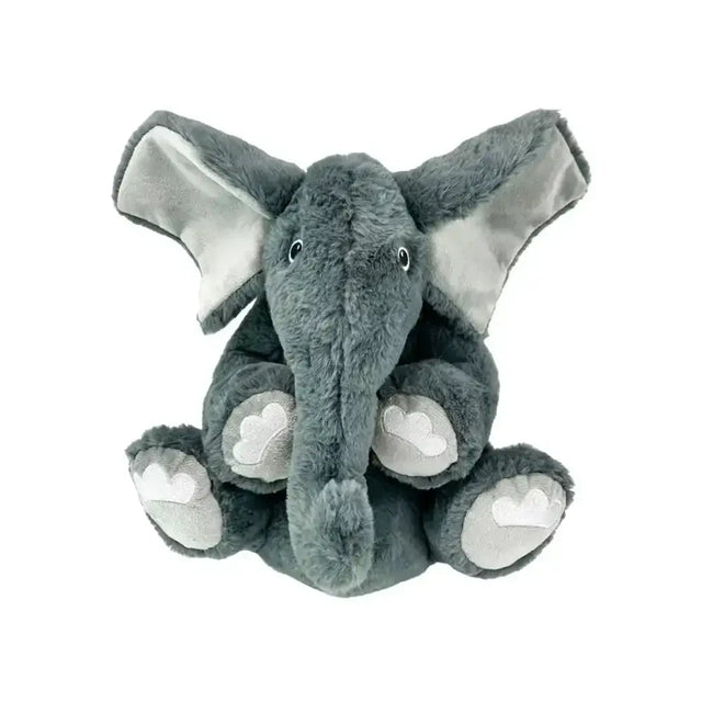 A plush gray kong comfort kiddos jumbo elephant cat toy with soft fuzzy fur and silver heart patches on its feet