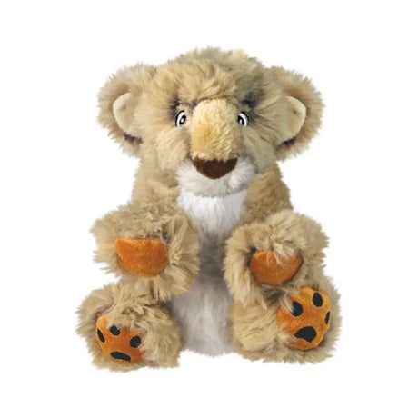 A kong comfort kiddos plush lion cub toy with soft tan fur white underbelly and orange paw pads with black spots