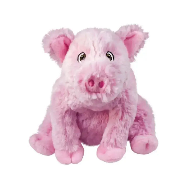 A soft pink plush kong comfort kiddos pig cat toy with fluffy fur embroidered eyes and a small snout
