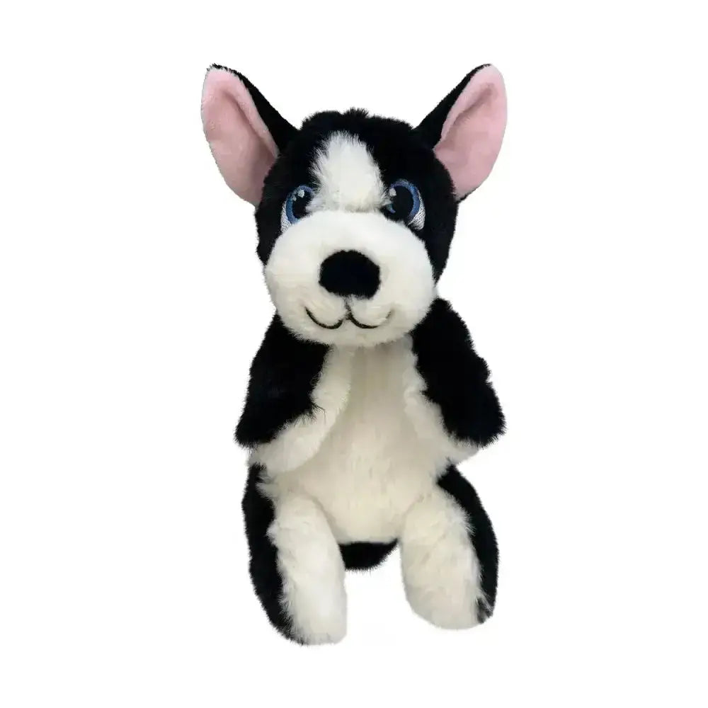 Black and white plush husky puppy toy with pink ears and blue eyes from kong comfort pups boss collection