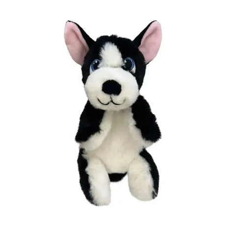 Black and white plush husky puppy toy with pink ears and blue eyes from kong comfort pups boss collection