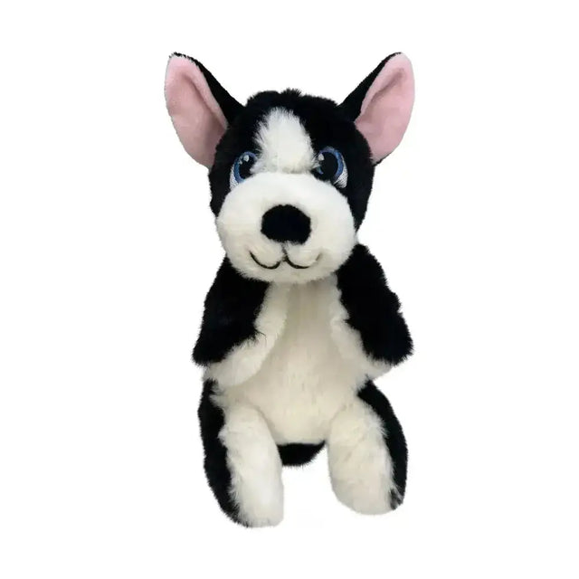 Black and white plush husky puppy toy with pink ears and blue eyes from kong comfort pups boss collection
