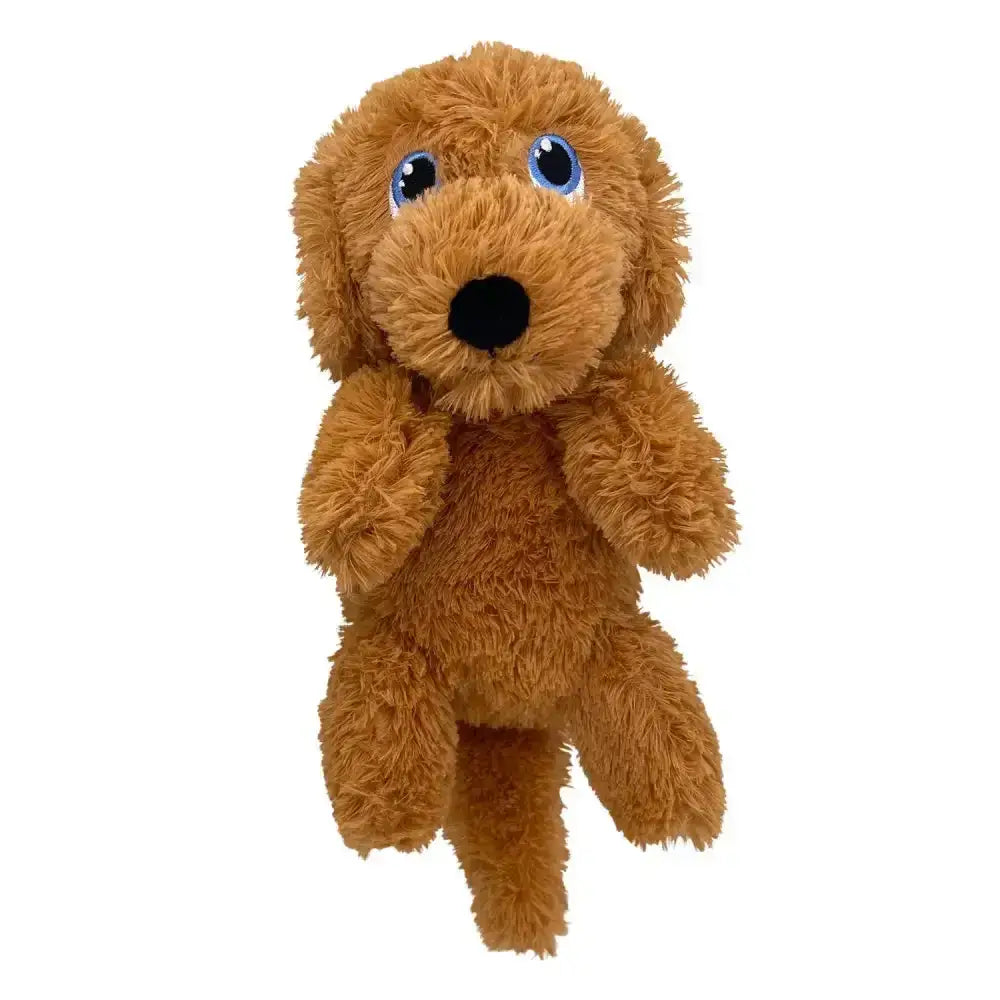 A plush tan kong comfort pups puppy toy with fluffy fur and bright blue eyes called comfort pups goldie