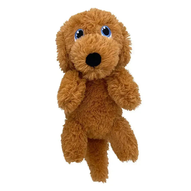 A plush tan kong comfort pups puppy toy with fluffy fur and bright blue eyes called comfort pups goldie