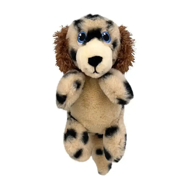 A kong comfort pups spot plush toy dog with tan and black fur, floppy brown ears, and bright blue eyes