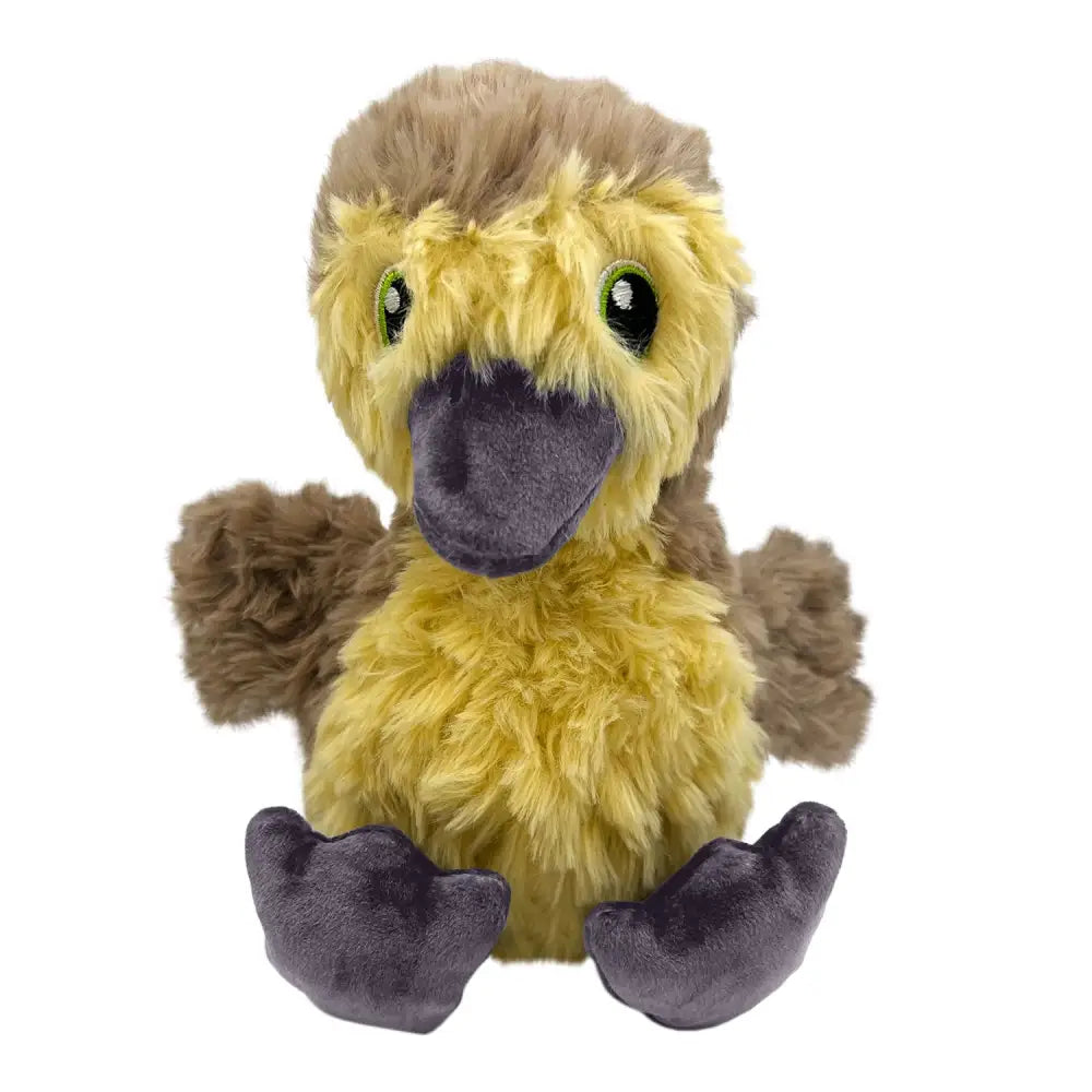 A plush kong comfort tykes gosling in yellow and brown with green eyes purple beak and feet for cozy play