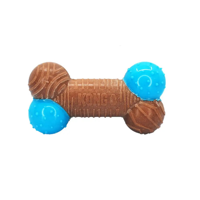Brown and blue kong corestrength bamboo bone dog toy with textured bamboo-infused material entices for chewing fun