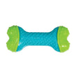 Bright blue and lime green kong corestrength bone dog chew toy with textured bumpy ends providing extended play