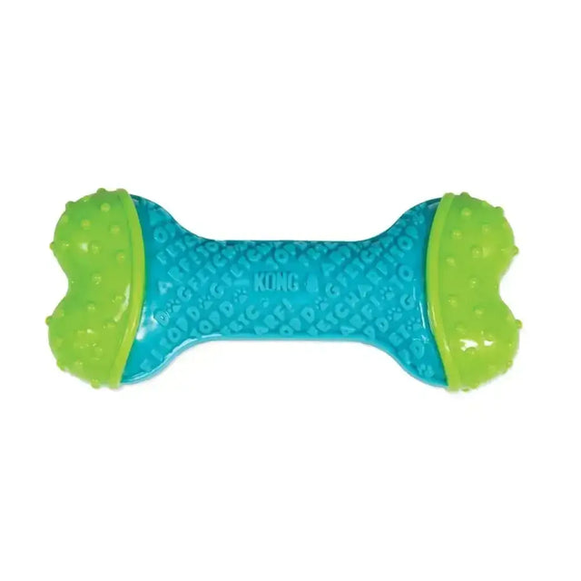 Bright blue and lime green kong corestrength bone dog chew toy with textured bumpy ends providing extended play