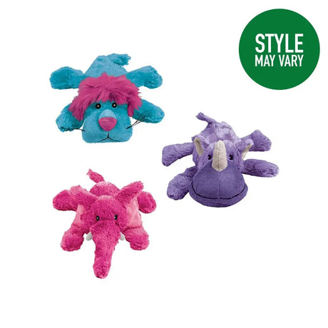 Three colorful cuddly plush toys from kong cozie brights featuring a blue lion pink maned purple rhino and bright pink elephant
