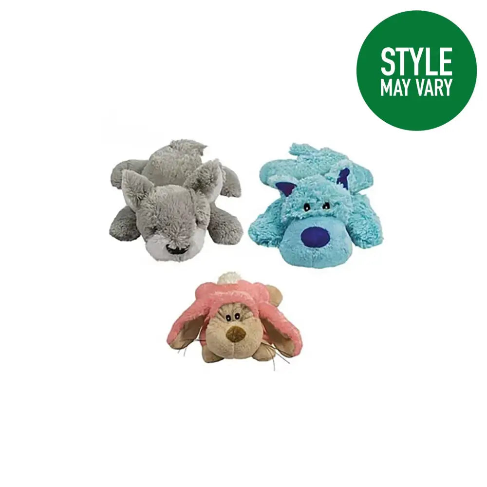 Three kong cozie pastel cuddly plush toys in gray blue and pink with soft fabric and embroidered faces