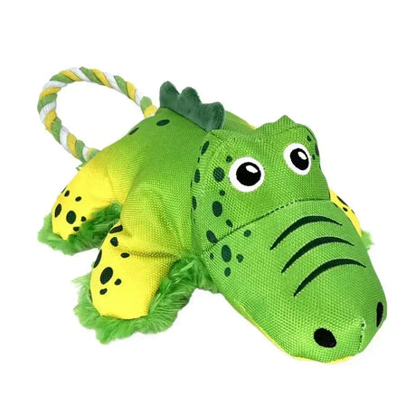 Green and yellow kong cozie tuggz alligator plush toy with black spots, sturdy cotton rope handle, and fringed edges