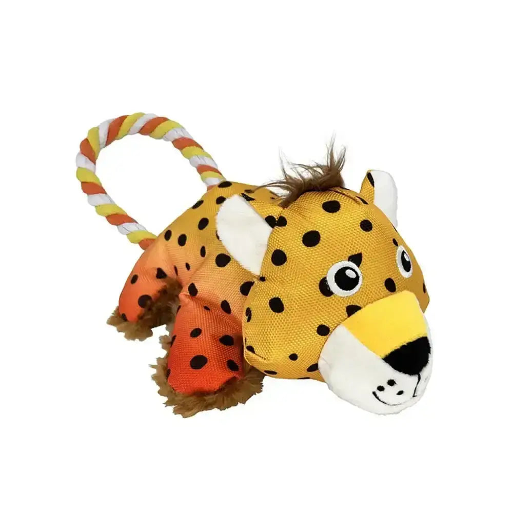 A plush kong cozie tuggz cheetah cat toy with yellow and black spots orange-tipped paws and a striped rope handle