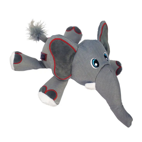 Gray plush kong cozie ultra ella elephant toy with red trim white feet tail tuft and blue eyes made with ultra-tex technology